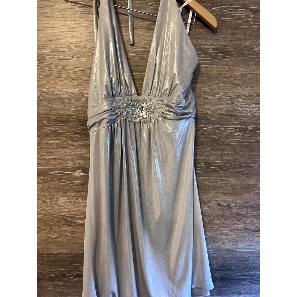 Jessica McClintock Silver Halter Midi Dress with Beaded Waist
